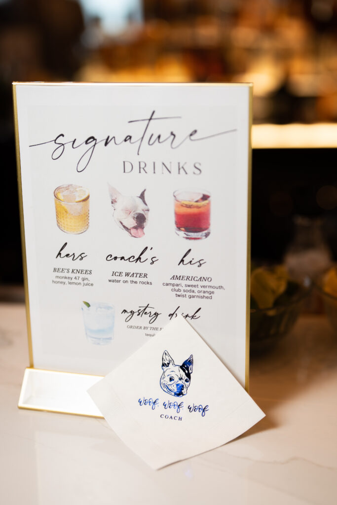 A napkin captured by New Jersey Wedding Photographer Jarot Bocanegra with a signature drink sign on it.